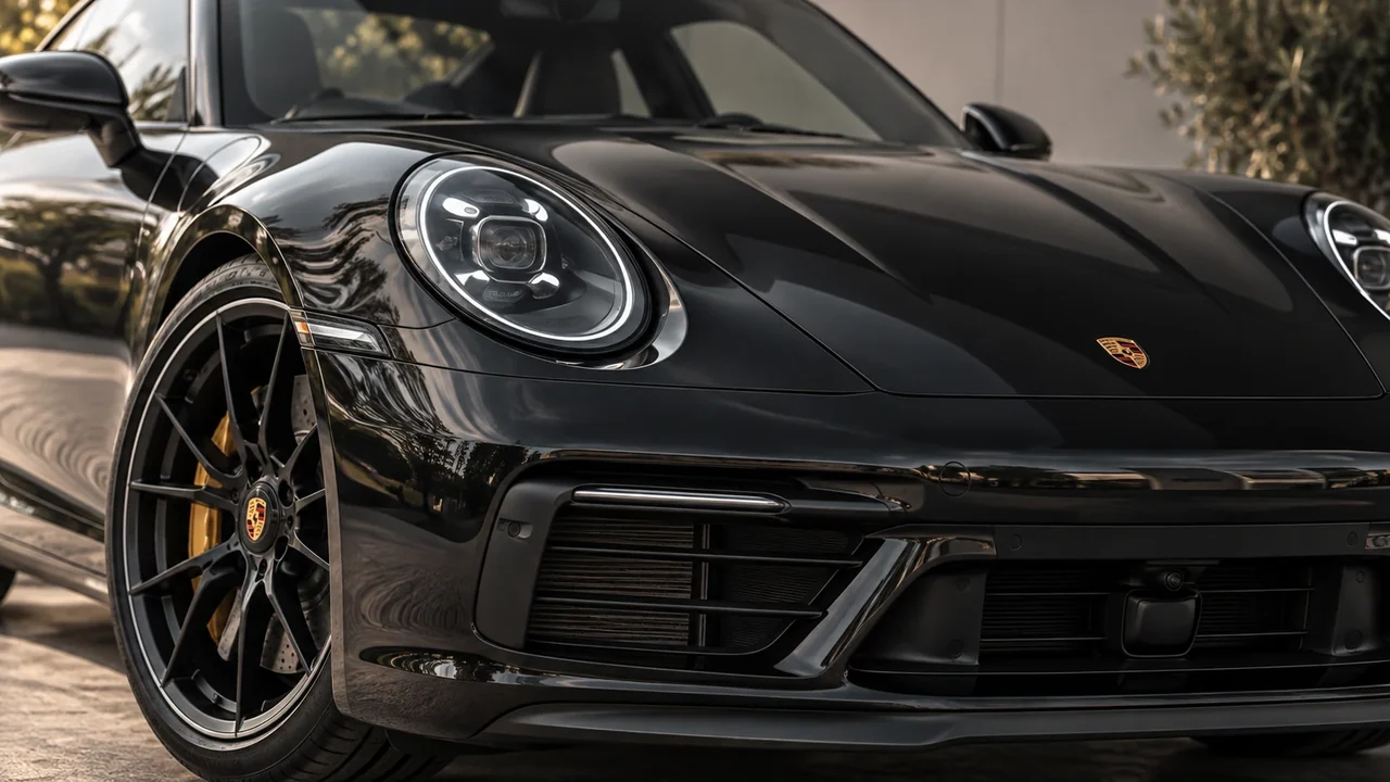 Detail van een zwarte Porsche: koplamp, motorkap en velg (sfeerbeeld)